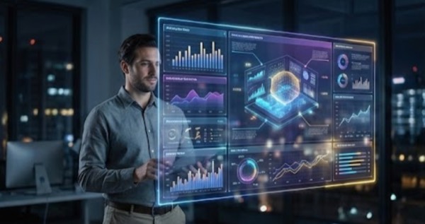 Футуристическая панель управления с голографическими графиками