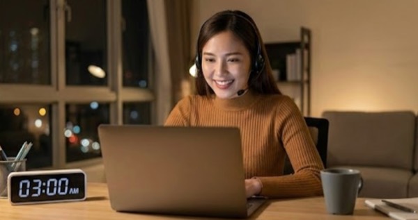 Специалист службы поддержки в гарнитуре за ноутбуком