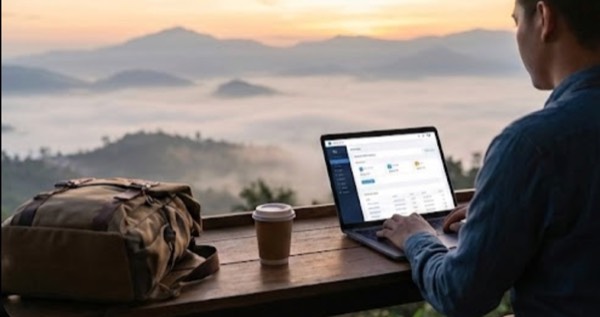 Человек работает за ноутбуком на открытой террасе с видом на горы