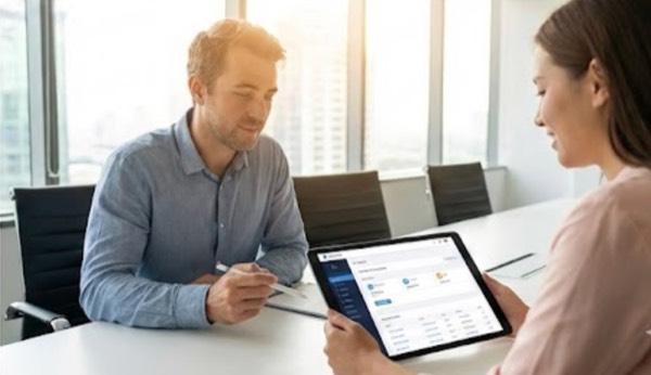 Деловое обсуждение проекта с использованием планшета в офисе